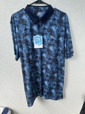 Good Trust Ice Born Men's Navy Blue Geometric Camo Performance Polo Shirt, Large